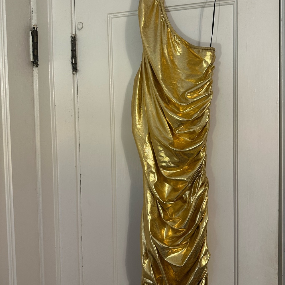 Renee C. Shimmering Gold One-Shoulder Dress